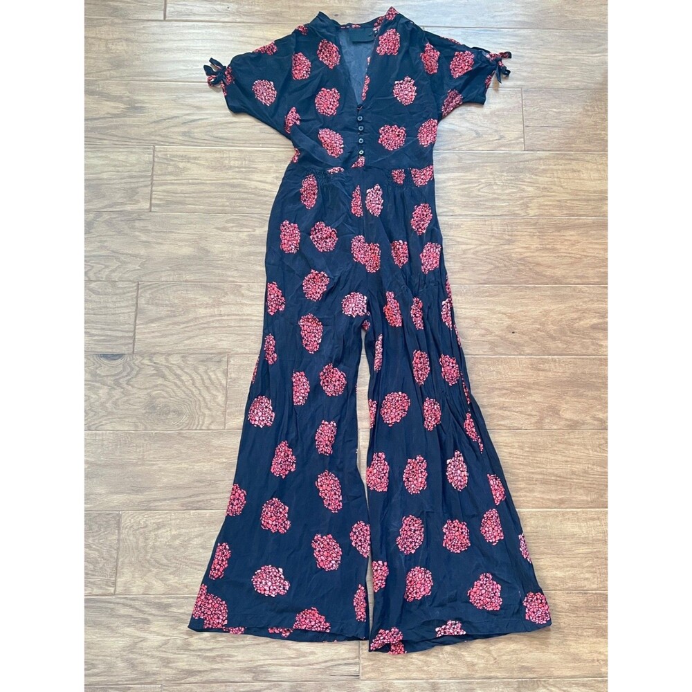 No. 6 Store Silk Jumpsuit Women's Size 3 (L/8/10) Red Black Floral Short Sleeve
